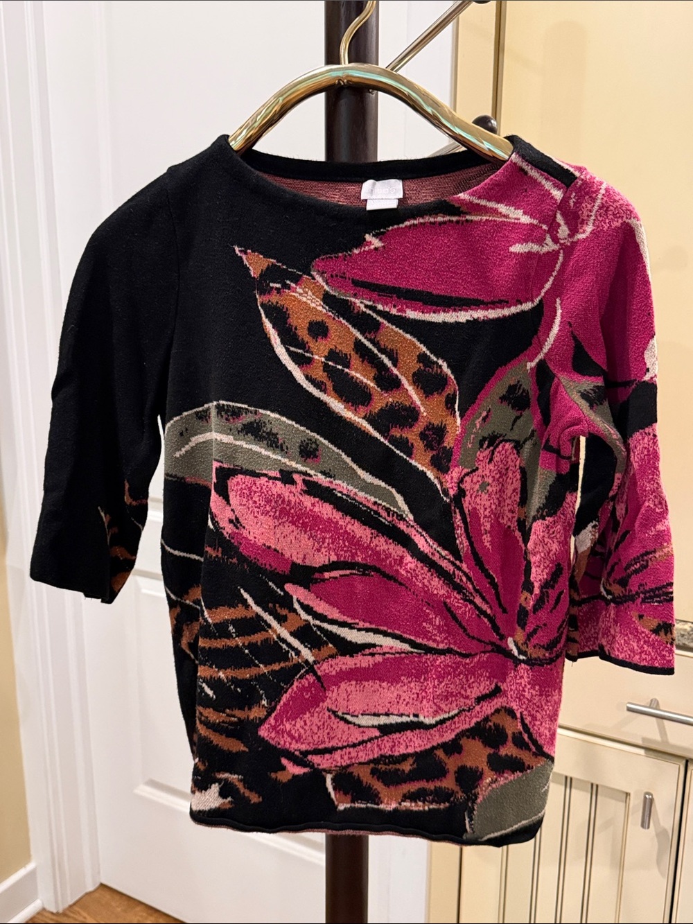 Chico's Black Knit Top with Pink Floral & Brown Accents